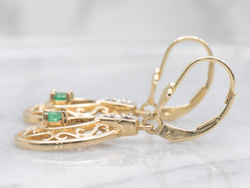 Scrolling Gold Emerald and Diamond Teardrop Earrings