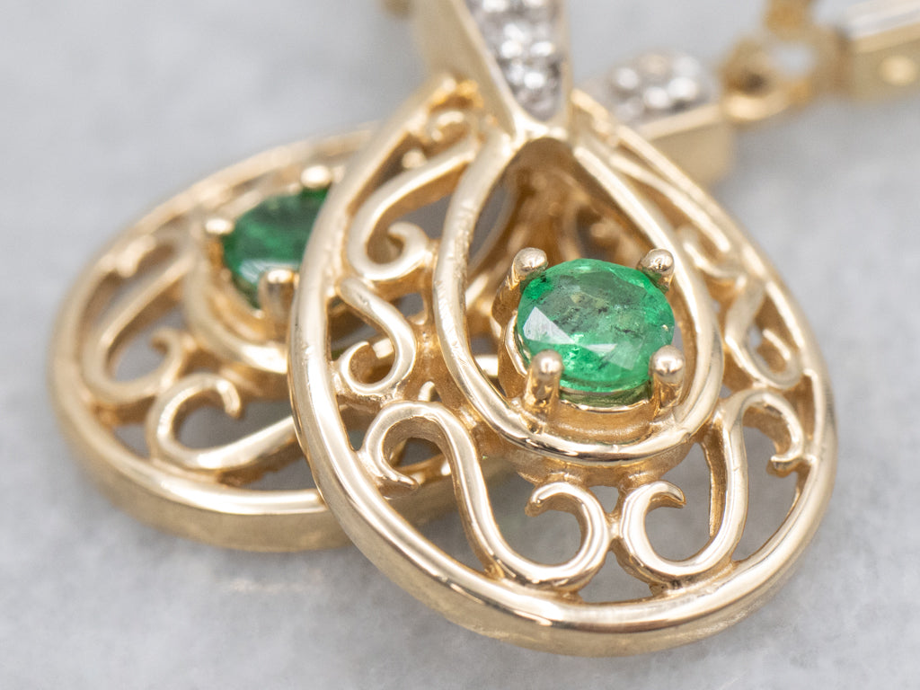 Scrolling Gold Emerald and Diamond Teardrop Earrings