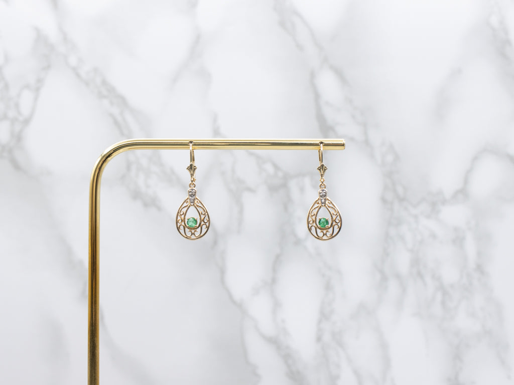 Scrolling Gold Emerald and Diamond Teardrop Earrings