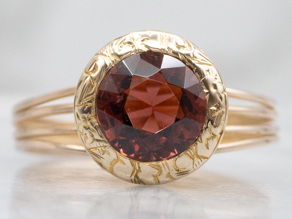 Vintage Garnet Engraved Setting Gold Split Shank Solitaire Ring