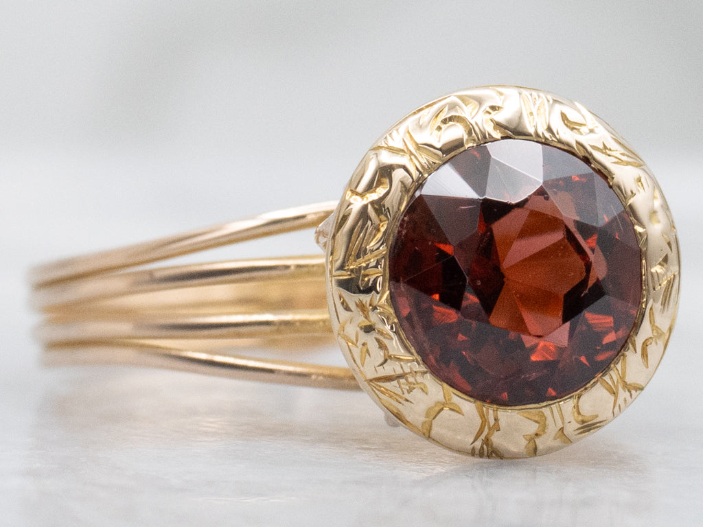 Vintage Garnet Engraved Setting Gold Split Shank Solitaire Ring