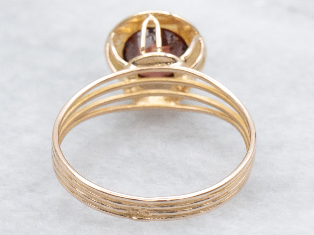 Vintage Garnet Engraved Setting Gold Split Shank Solitaire Ring