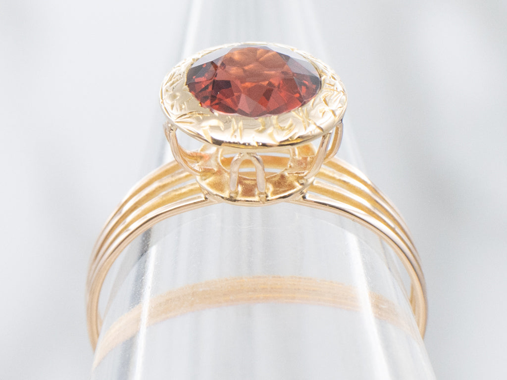 Vintage Garnet Engraved Setting Gold Split Shank Solitaire Ring