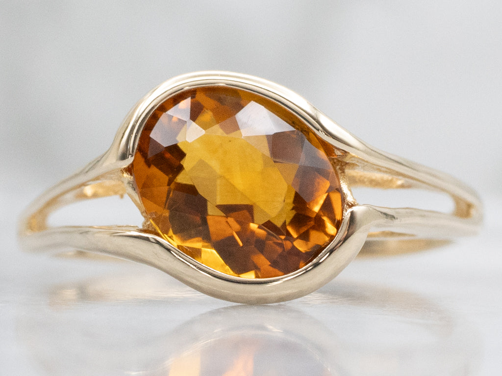 Partial Bezel-Set Citrine Gold Solitaire Ring with Split Shank