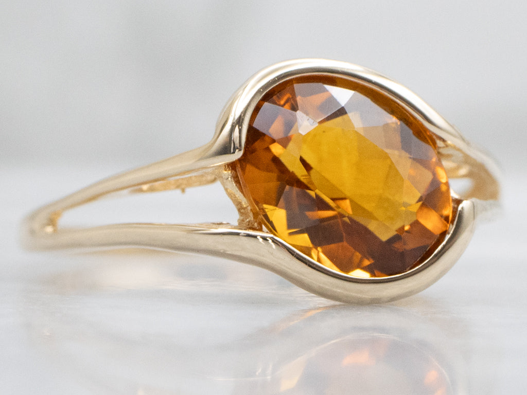 Partial Bezel-Set Citrine Gold Solitaire Ring with Split Shank