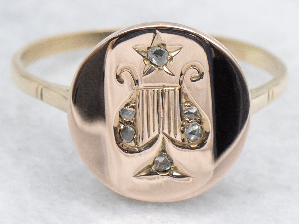 Rose Cut Diamond Engraved Harp Antique Signet Ring