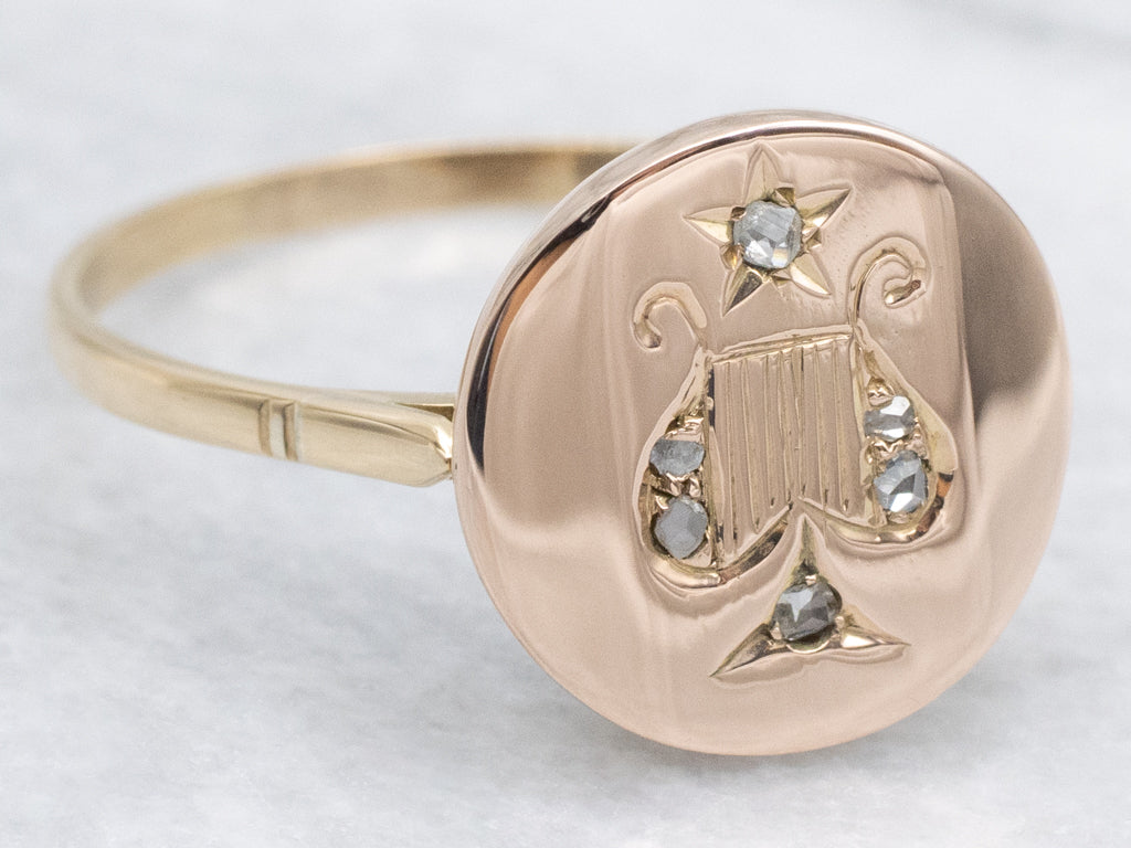 Rose Cut Diamond Engraved Harp Antique Signet Ring