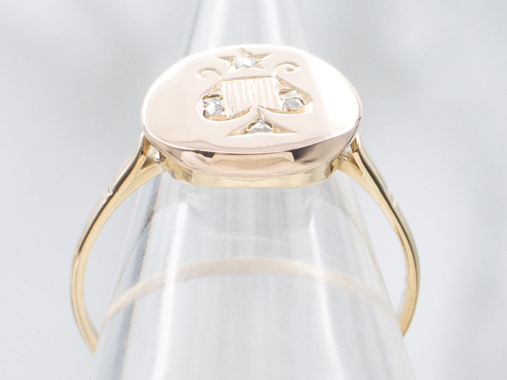 Rose Cut Diamond Engraved Harp Antique Signet Ring