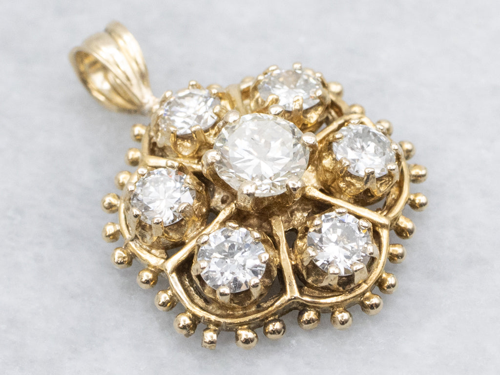 Diamond Halo Yellow Gold Bead Patterned Edge Pendant