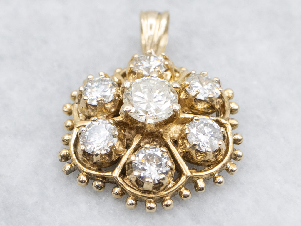 Diamond Halo Yellow Gold Bead Patterned Edge Pendant