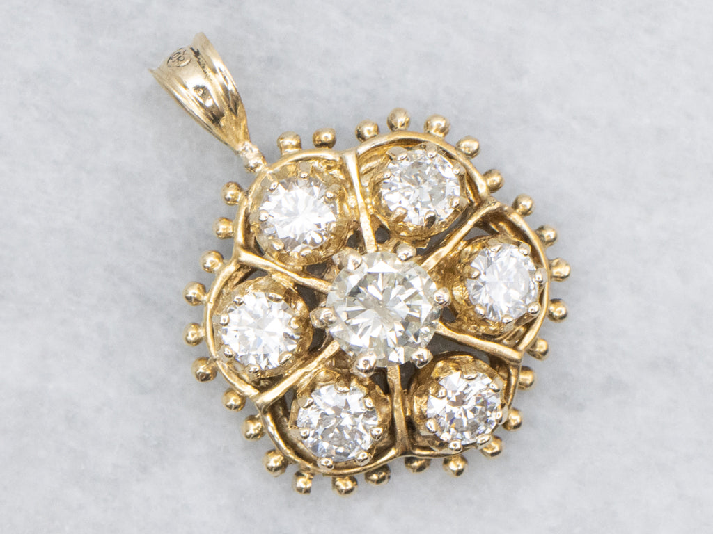 Diamond Halo Yellow Gold Bead Patterned Edge Pendant