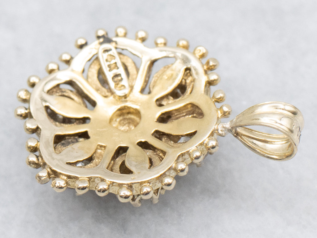 Diamond Halo Yellow Gold Bead Patterned Edge Pendant