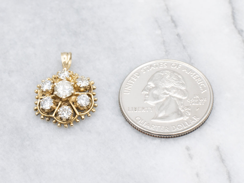 Diamond Halo Yellow Gold Bead Patterned Edge Pendant