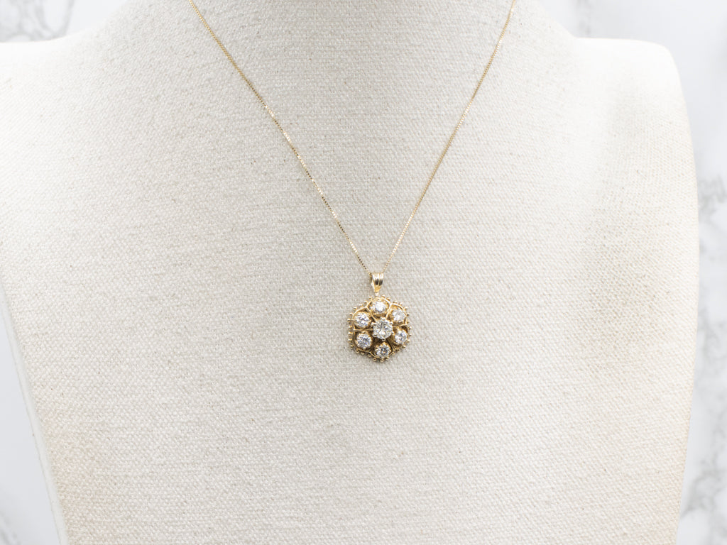 Diamond Halo Yellow Gold Bead Patterned Edge Pendant