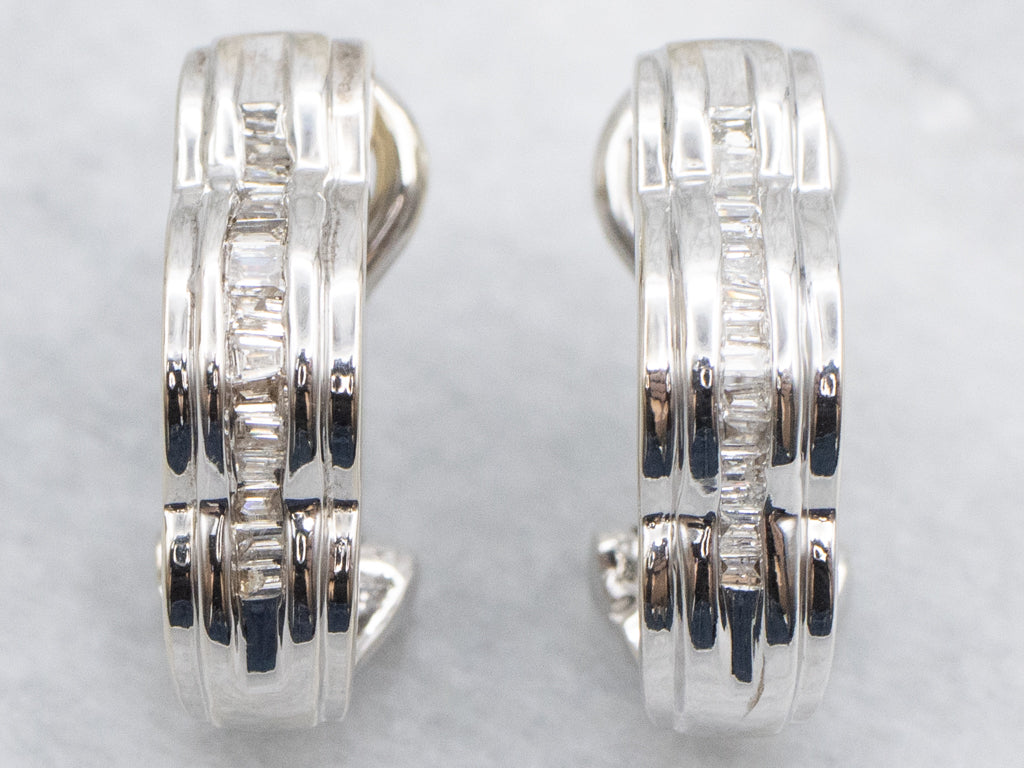 Baguette-Cut Diamond Scalloped Gold Hoop Earrings