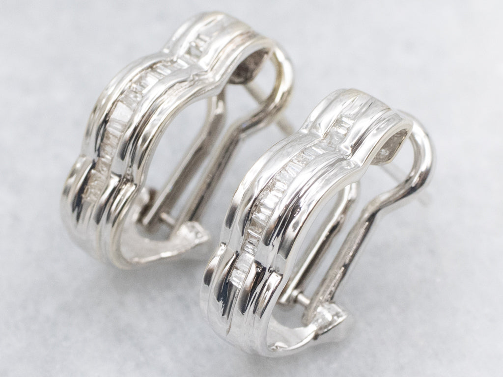 Baguette-Cut Diamond Scalloped Gold Hoop Earrings