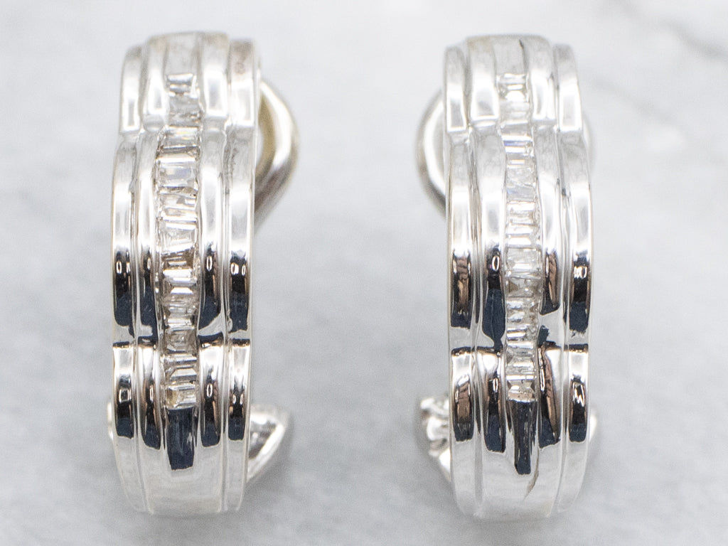 Baguette-Cut Diamond Scalloped Gold Hoop Earrings