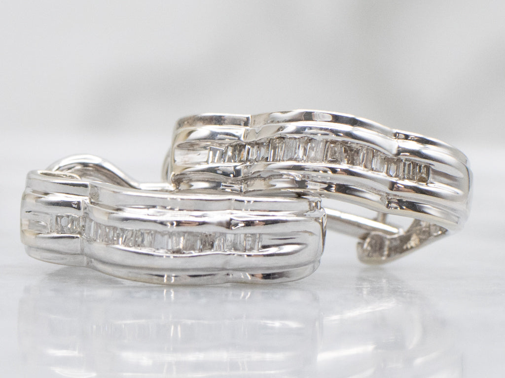 Baguette-Cut Diamond Scalloped Gold Hoop Earrings