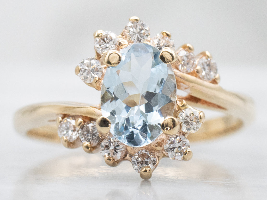 Gold Aquamarine and Diamond Bypass Ring