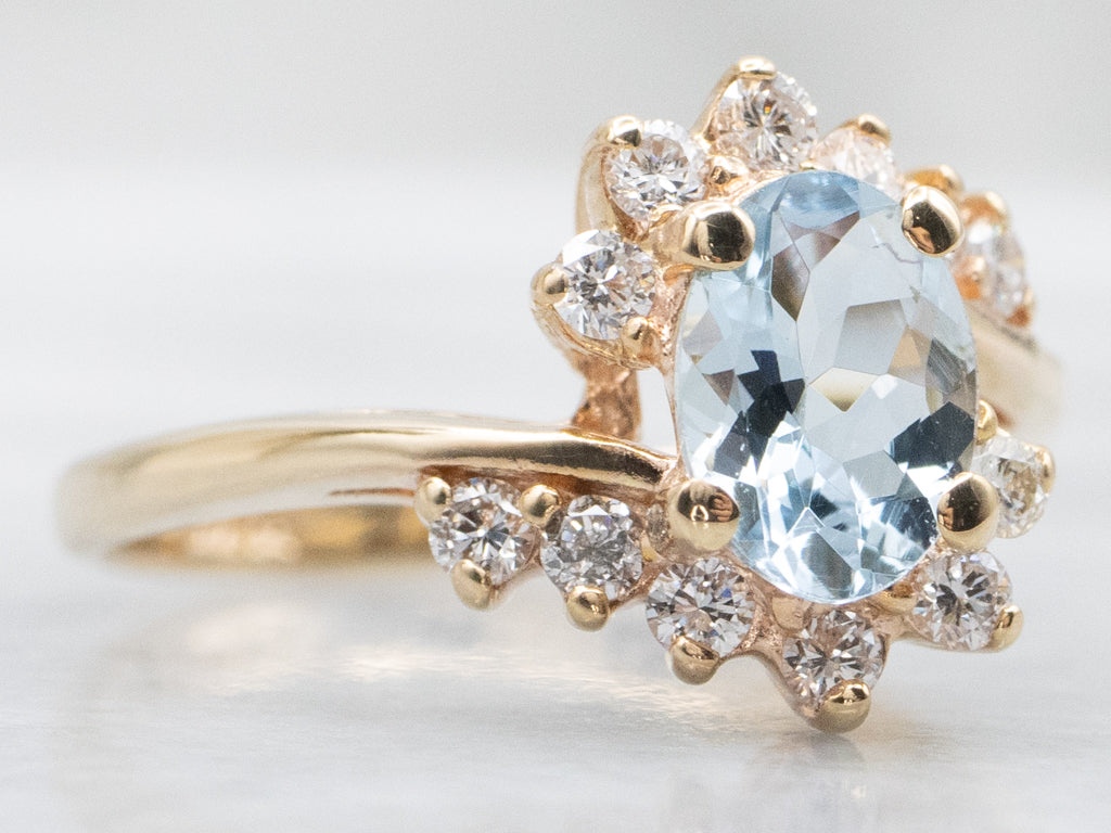 Gold Aquamarine and Diamond Bypass Ring