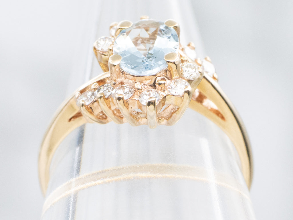 Gold Aquamarine and Diamond Bypass Ring