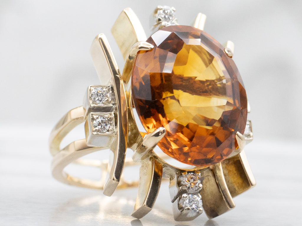 Citrine and Diamond Modernist Gold Cocktail Ring