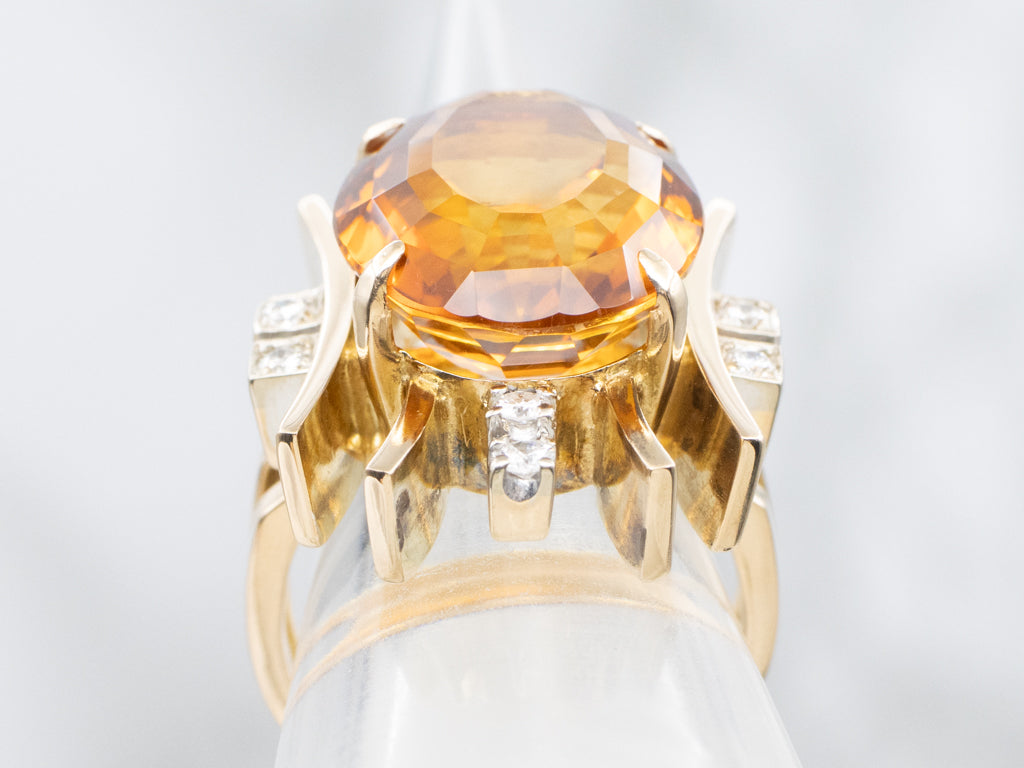 Citrine and Diamond Modernist Gold Cocktail Ring