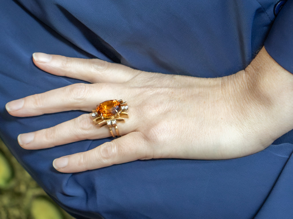 Citrine and Diamond Modernist Gold Cocktail Ring