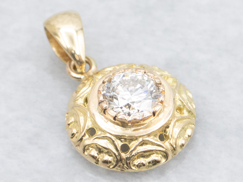 Ornate 18-Karat Gold Bezel-Set Diamond Solitaire Pendant
