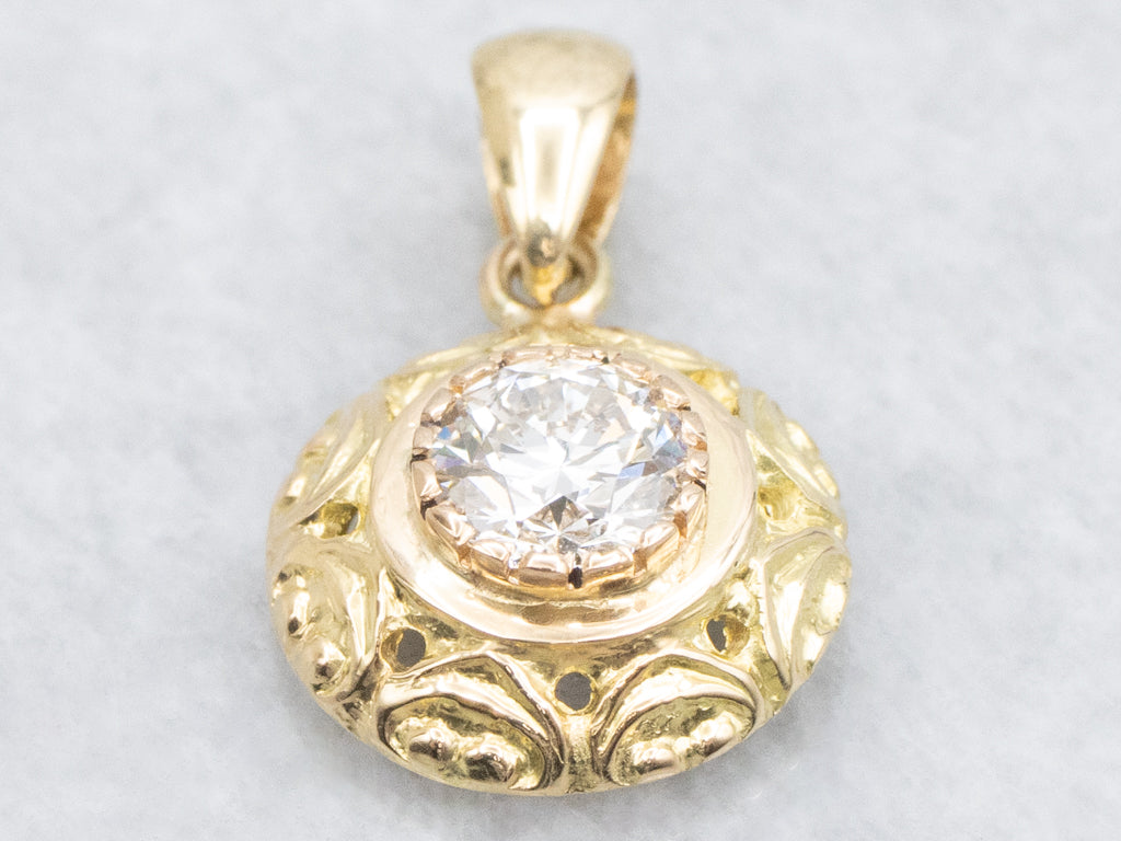 Ornate 18-Karat Gold Bezel-Set Diamond Solitaire Pendant