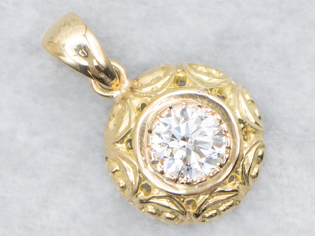 Ornate 18-Karat Gold Bezel-Set Diamond Solitaire Pendant