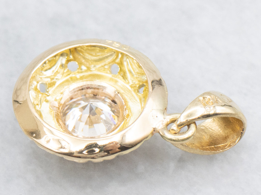 Ornate 18-Karat Gold Bezel-Set Diamond Solitaire Pendant