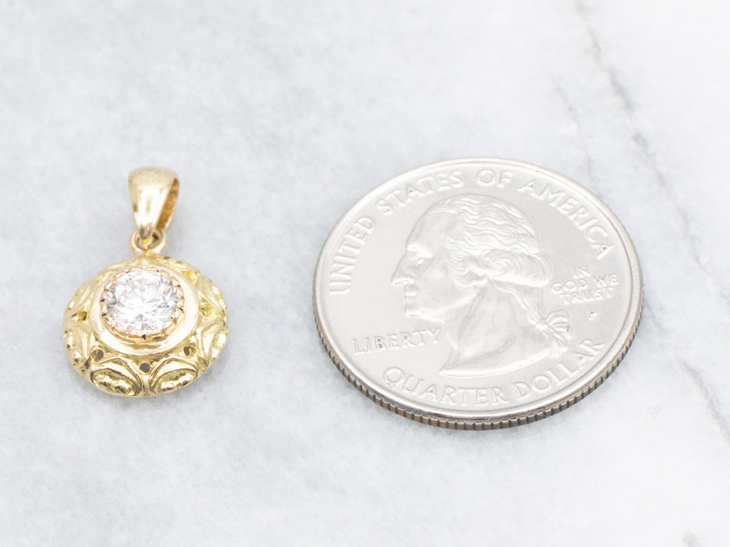 Ornate 18-Karat Gold Bezel-Set Diamond Solitaire Pendant