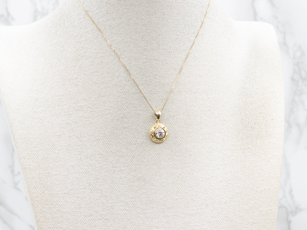 Ornate 18-Karat Gold Bezel-Set Diamond Solitaire Pendant