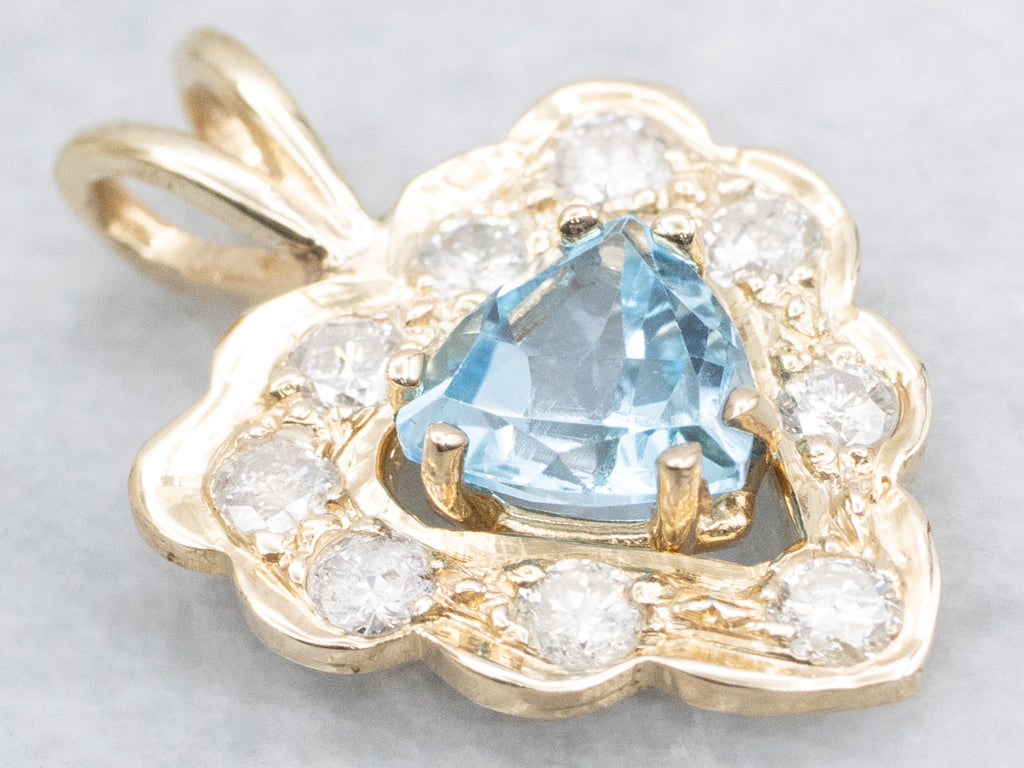Trillion-Cut Topaz and Scalloped Gold Diamond Halo Pendant