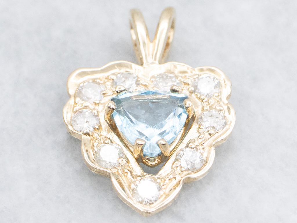 Trillion-Cut Topaz and Scalloped Gold Diamond Halo Pendant