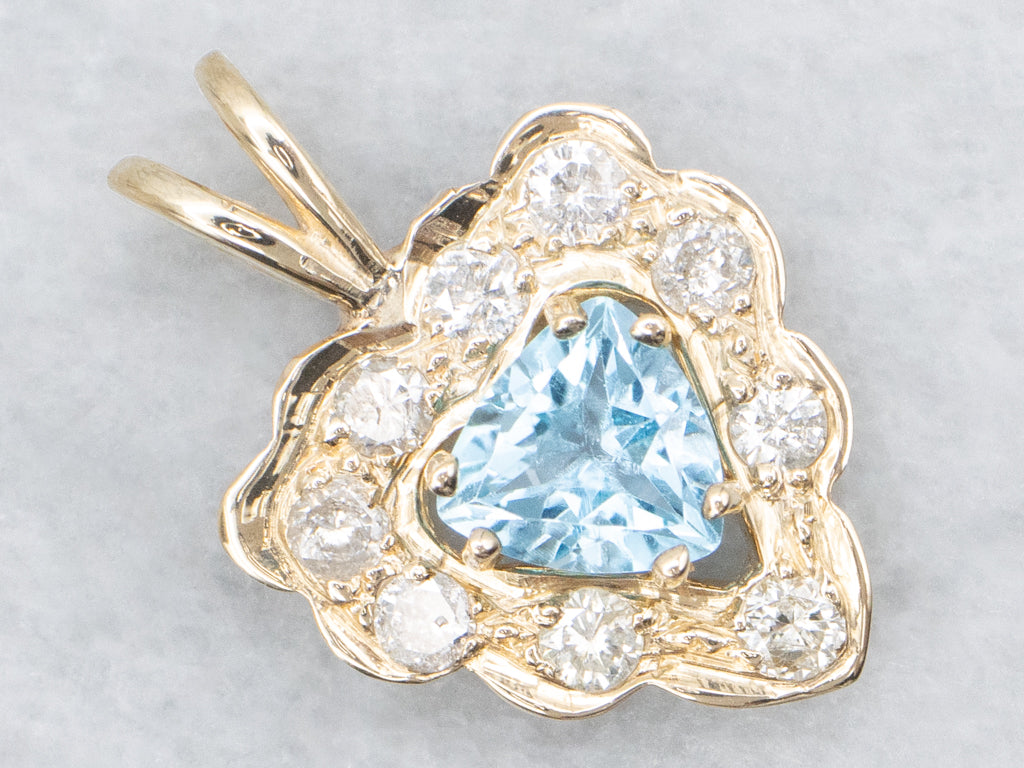 Trillion-Cut Topaz and Scalloped Gold Diamond Halo Pendant