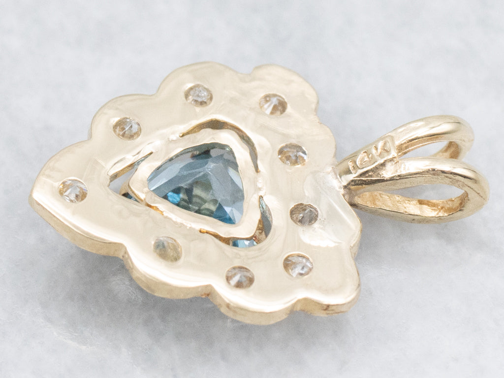 Trillion-Cut Topaz and Scalloped Gold Diamond Halo Pendant