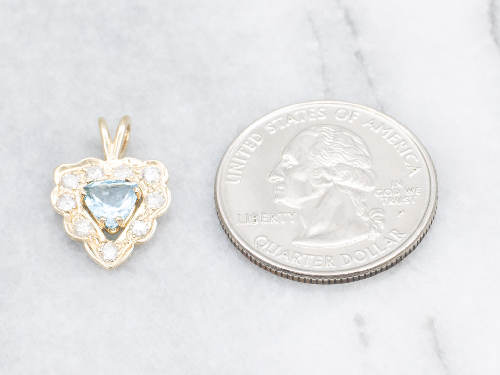 Trillion-Cut Topaz and Scalloped Gold Diamond Halo Pendant