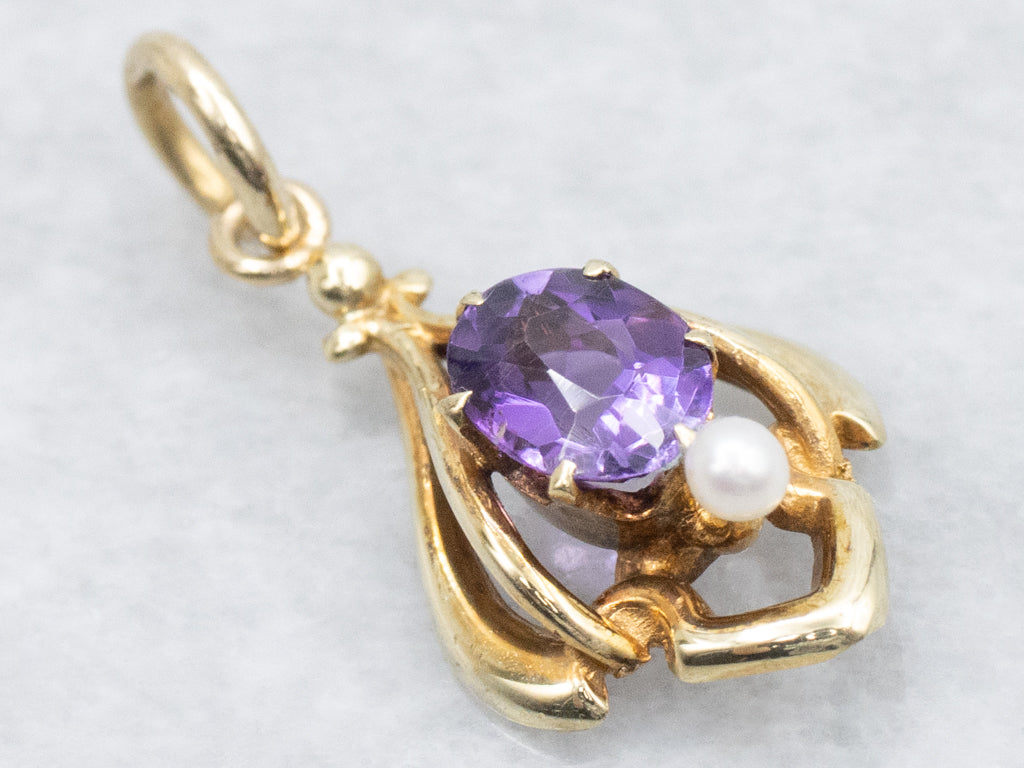 Amethyst and Seed Pearl Gold Stickpin Conversion Pendant