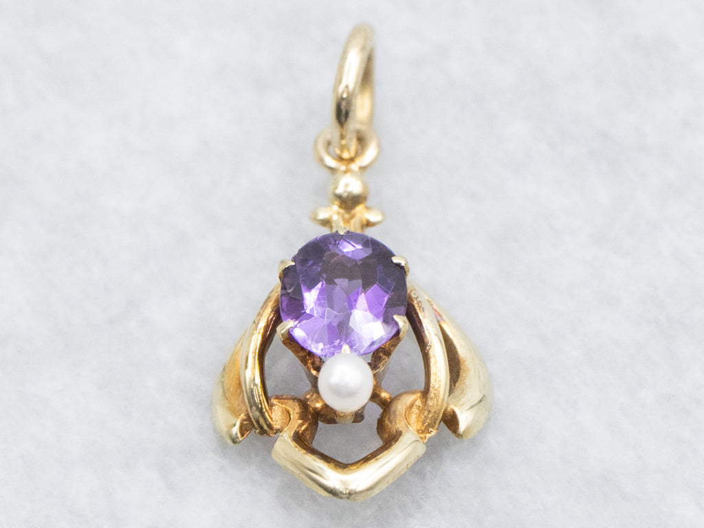 Amethyst and Seed Pearl Gold Stickpin Conversion Pendant