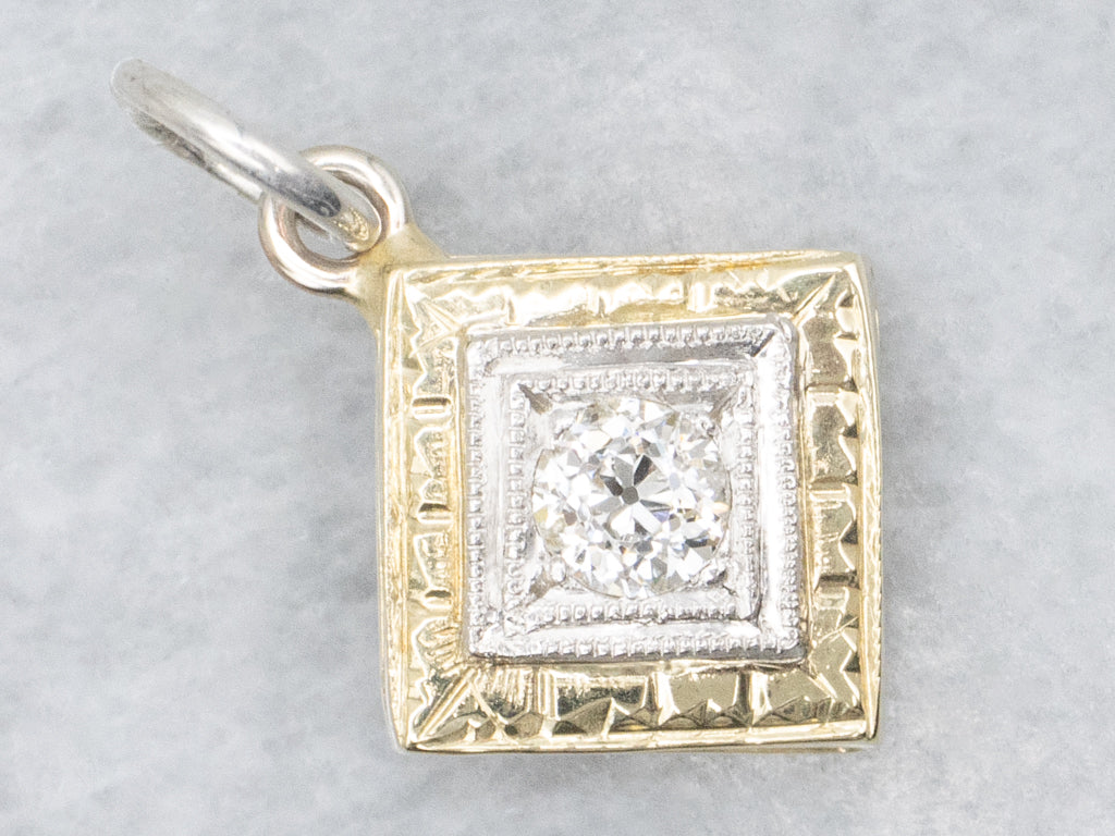 Diamond Two-Tone Squared Engraved Pendant