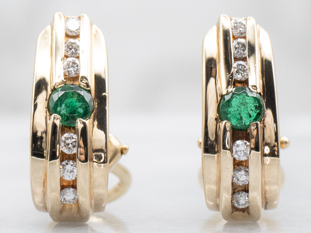 Vintage Gold Emerald and Diamond Hoop Stud Earrings
