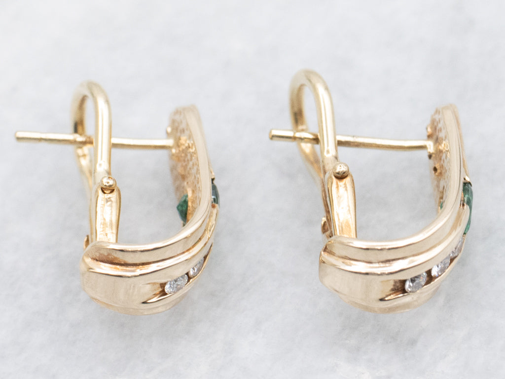 Vintage Gold Emerald and Diamond Hoop Stud Earrings