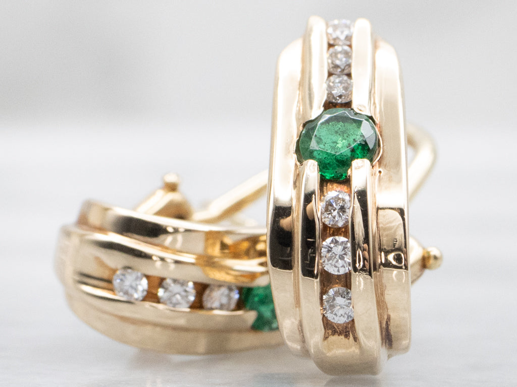 Vintage Gold Emerald and Diamond Hoop Stud Earrings
