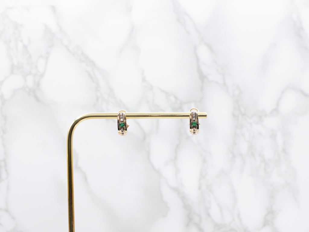 Vintage Gold Emerald and Diamond Hoop Stud Earrings
