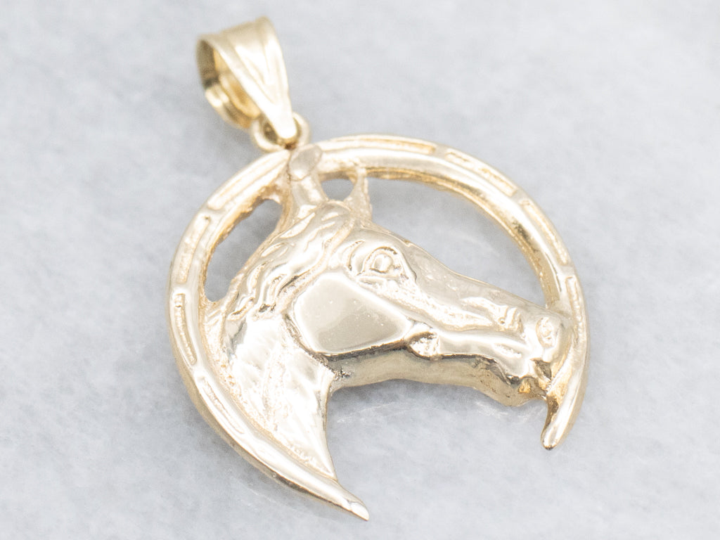 Equestrian Gold Horse and Horseshoe Pendant