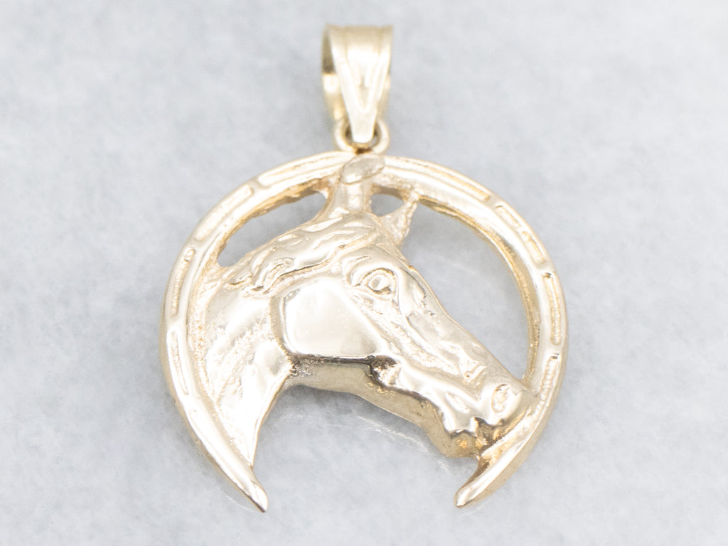Equestrian Gold Horse and Horseshoe Pendant