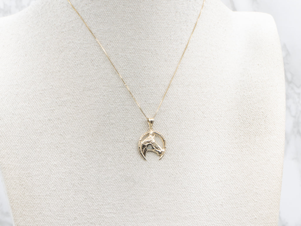 Equestrian Gold Horse and Horseshoe Pendant