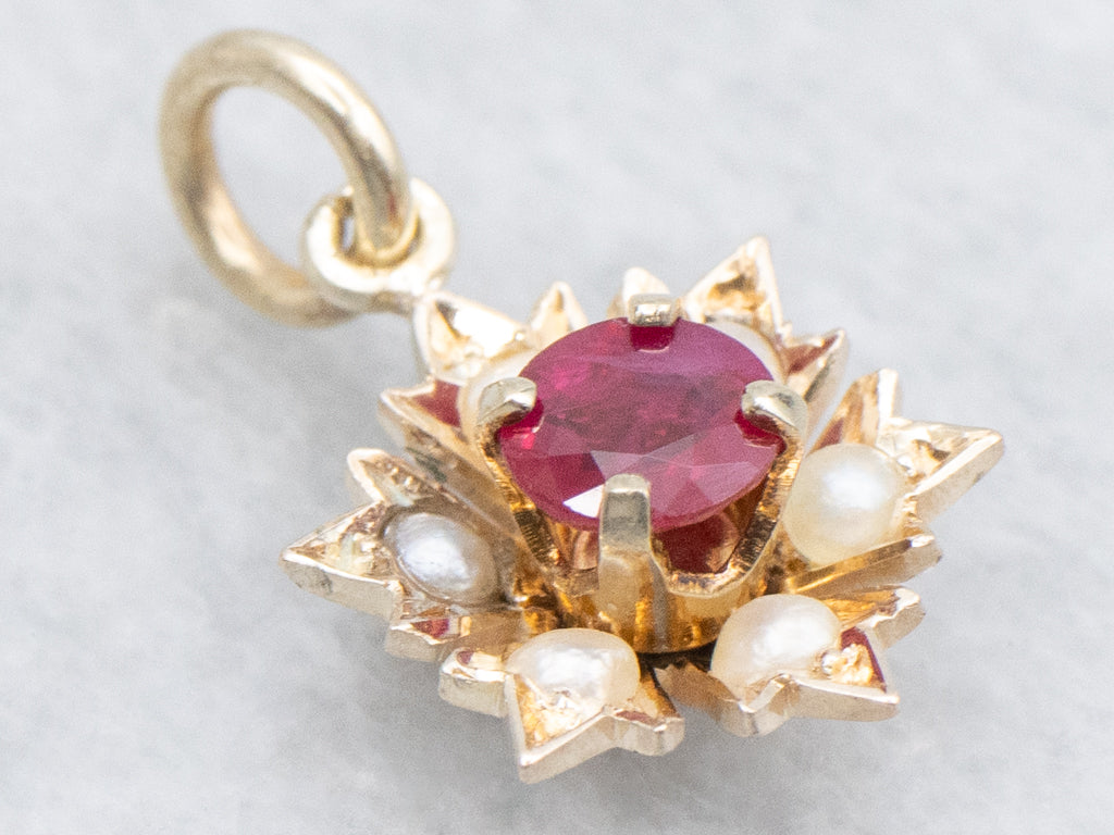 Ruby and Seed Pearl Gold Halo Stickpin Conversion Pendant